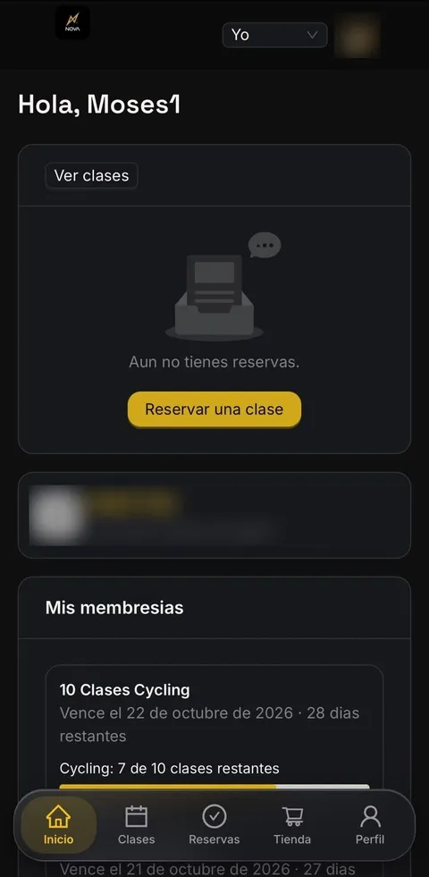 Pantalla de inicio de la app del cliente, con sus reservas y sus membresías