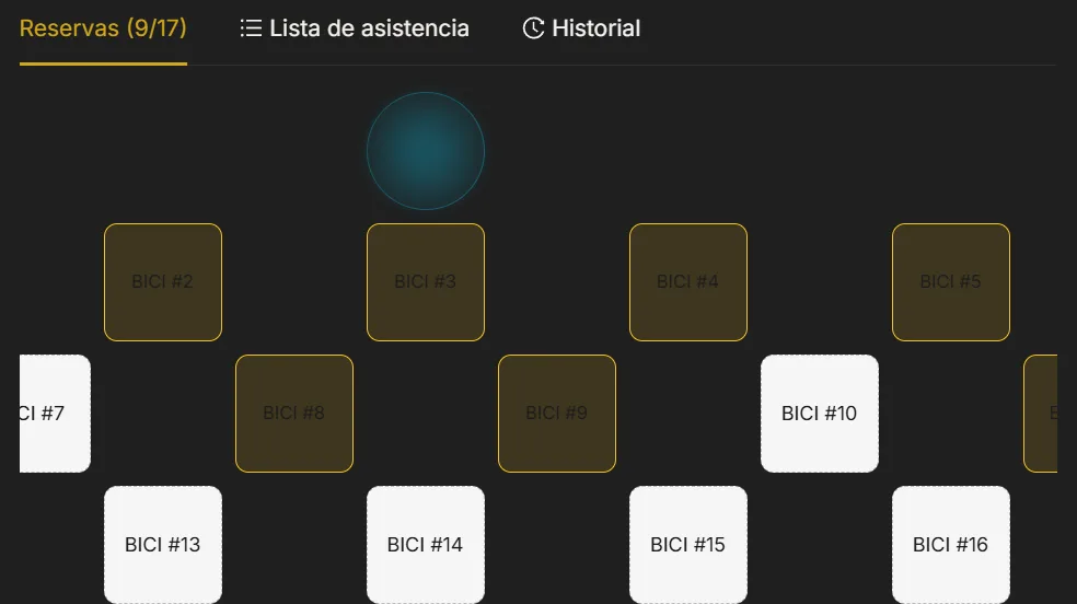 Mapa de posiciones de una clase de cycling en KORE, con las bicis reservadas y las libres